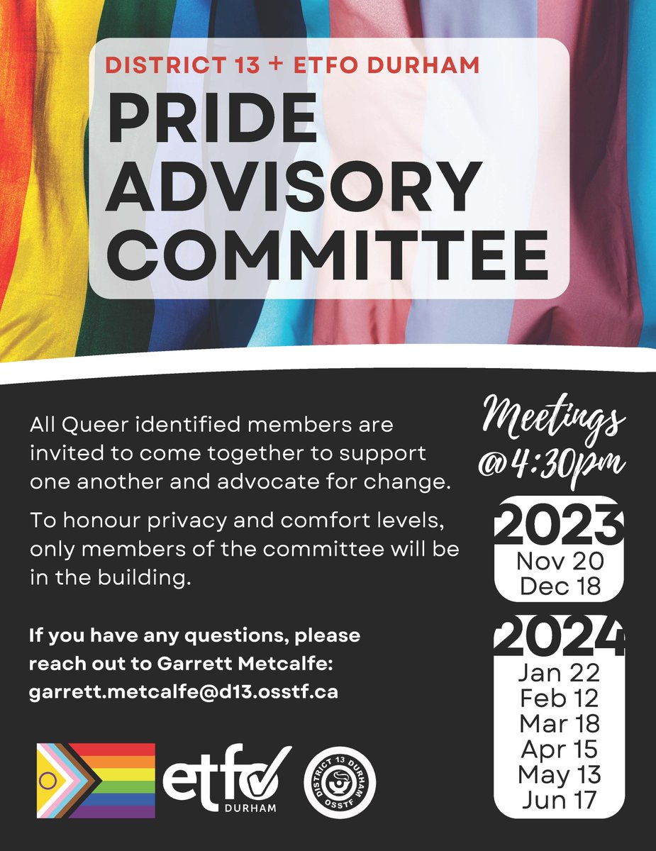 D13 OSSTF and Durham ETFO Pride Advisory Meeting - TODAY at 4:30pm!
