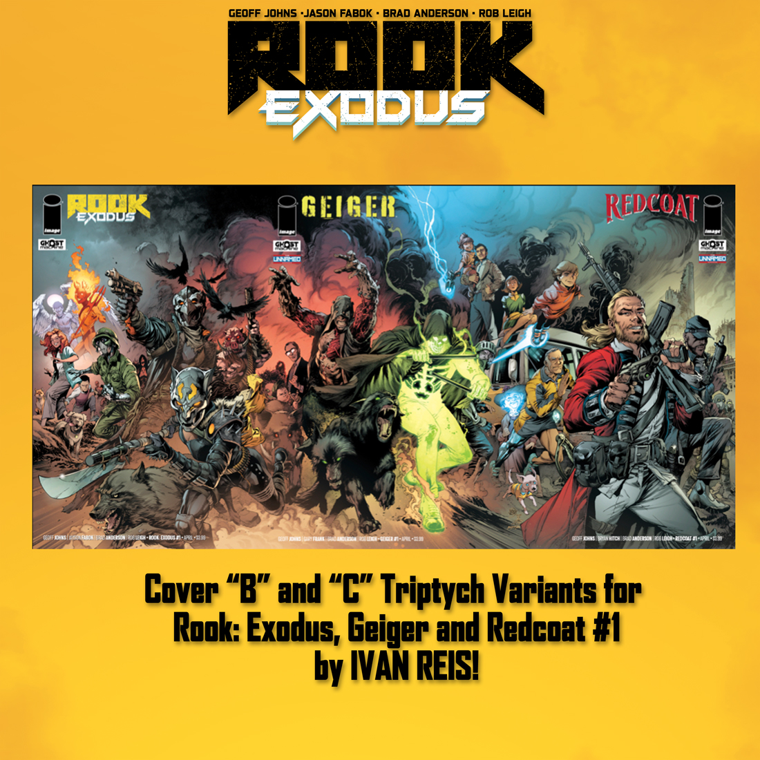 ROOK: EXODUS issue 1 COVER CHECKLIST! Call your local comic shop and pre-order today and add it to your pull list! Rook: Exodus, Geiger and Redcoat #1 launch April 3, 2024! Cover B and C form a triptych image with all three books! Colors by @bdanderson13 @ImageComics