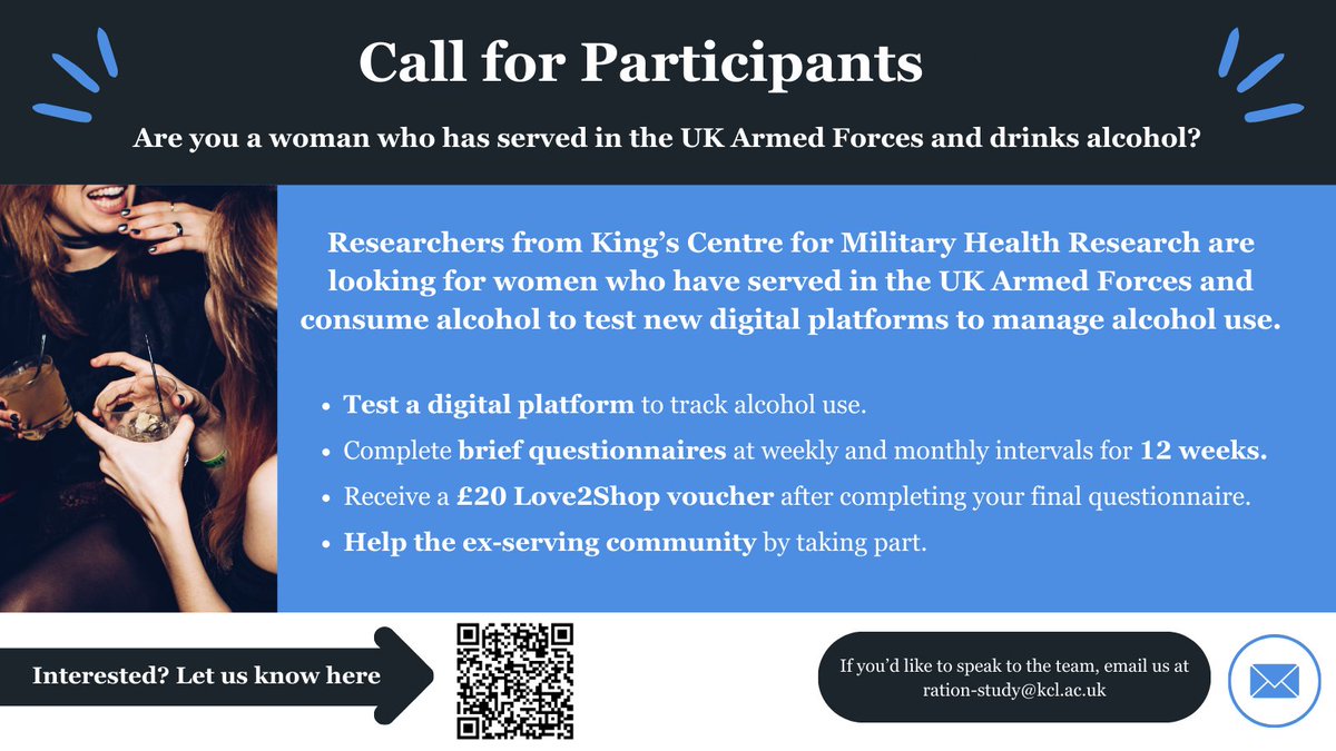 Hannah West (@hannah_r_west) on Twitter photo Here is another great opportunity for female veterans to get involved with research about alcohol consumption and managing alcohol use. I have just met with @_Dr_Daniel and <a href="/GraceRoseWllmsn/">Grace Williamson</a> from <a href="/kcmhr/">King's Centre for Military Health Research</a> and they are keen to hear from you. Here is another great opportunity for female veterans to get involved with research about alcohol consumption and managing alcohol use. I have just met with @_Dr_Daniel and <a href="/GraceRoseWllmsn/">Grace Williamson</a> from <a href="/kcmhr/">King's Centre for Military Health Research</a> and they are keen to hear from you.