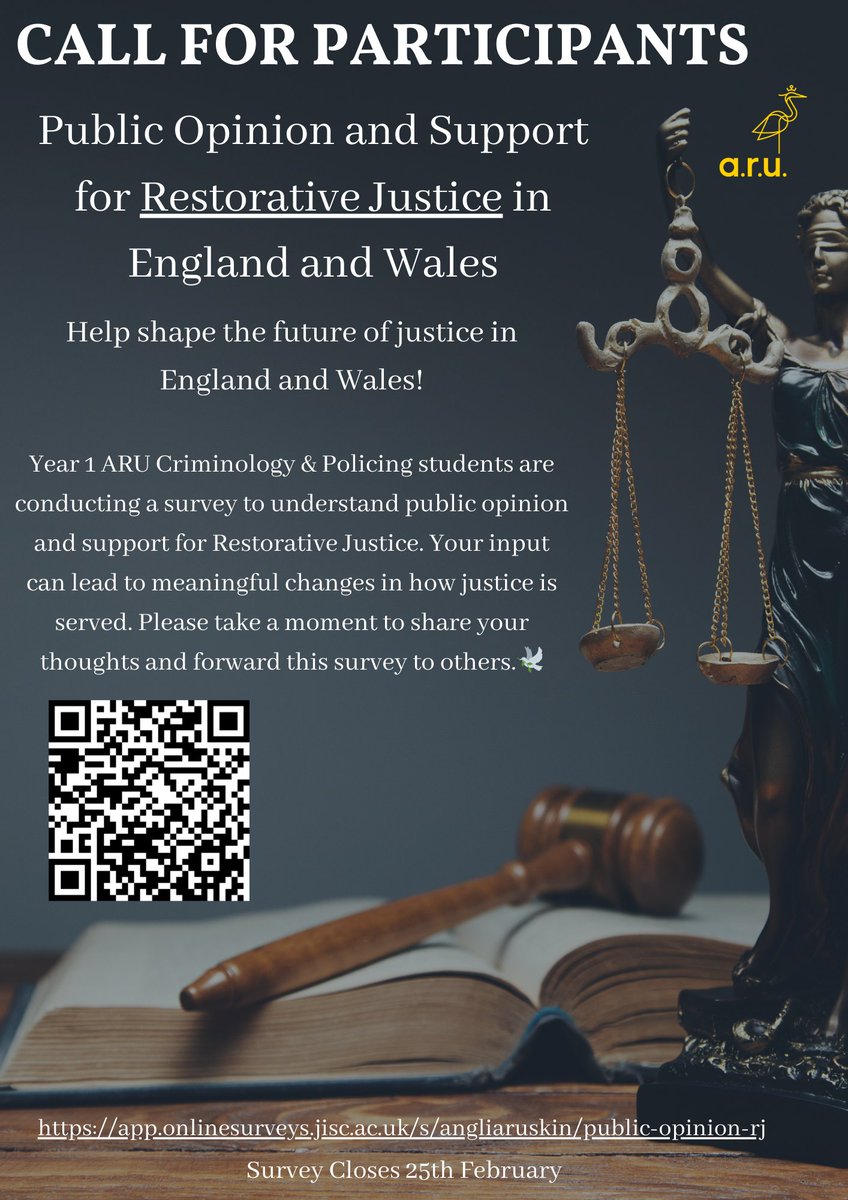 Year 1 ARU Criminology &amp; Policing students are conducting a survey to understand public opinion and support for Restorative Justice. Please take a moment to share your thoughts and forward this survey to others. #Criminology #RestorativeJustice 
app.onlinesurveys.jisc.ac.uk/s/angliaruskin…