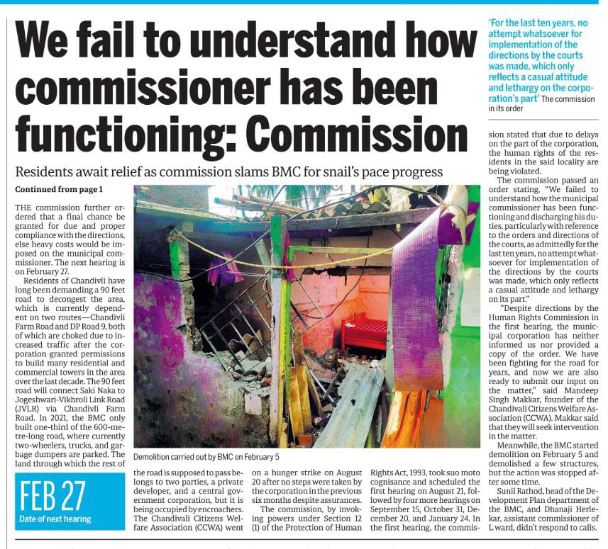ChandivaliCCWA's tweet photo. Build delayed road or pay heavy price: Final warning to BMC boss.

State Human Rights Commission takes cognisance of Chandivali residents forced to go on hunger strike, issues ultimatum to Civic Chief I S Chahal @IqbalSinghChah2 @mybmc

Article in @mid_day by @PrajaktaKasale

Link to the article. 

https://t.co/ngw3ngMXC8