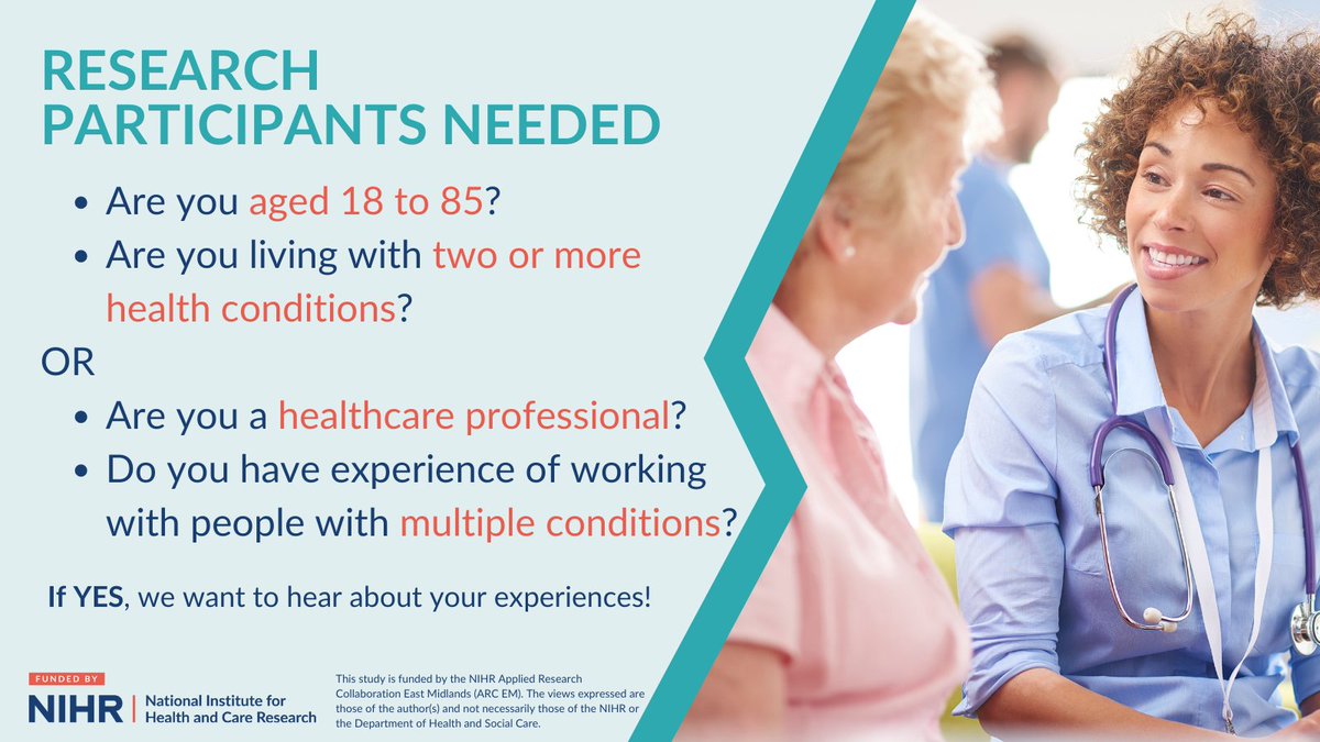 NIHR ARC East Midlands (@arc_em) on Twitter photo 📢 Calling participants aged 18-85 living with multiple health conditions or healthcare professionals experienced in this field!
#BePartofResearch, share your experiences and contribute to our #PhD study.
✉️ Email: evh3@leicester.ac.uk
<a href="/kamleshkhunti/">Prof Kamlesh Khunti</a> #MLTC <a href="/EllenHopwood/">Ellen Hopwood</a> 📢 Calling participants aged 18-85 living with multiple health conditions or healthcare professionals experienced in this field!
#BePartofResearch, share your experiences and contribute to our #PhD study.
✉️ Email: evh3@leicester.ac.uk
<a href="/kamleshkhunti/">Prof Kamlesh Khunti</a> #MLTC <a href="/EllenHopwood/">Ellen Hopwood</a>