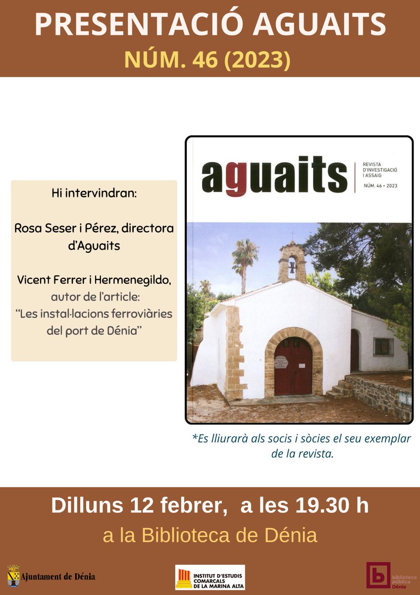 iecmadifusio's tweet photo. Avui a #Dénia tindrem la presentació de la nostra revista d'investigació i assaig AGUAITS núm. 46, de 2023, a càrrec de la nostra presidenta Rosa Seser i Pérez, directora d'Aguaits. I Vicent Ferrer i Hemenegildo. Les sòcies i socis podran arreplegar el seu exemplar. #IECMA https://t.co/zkE78K4CMF