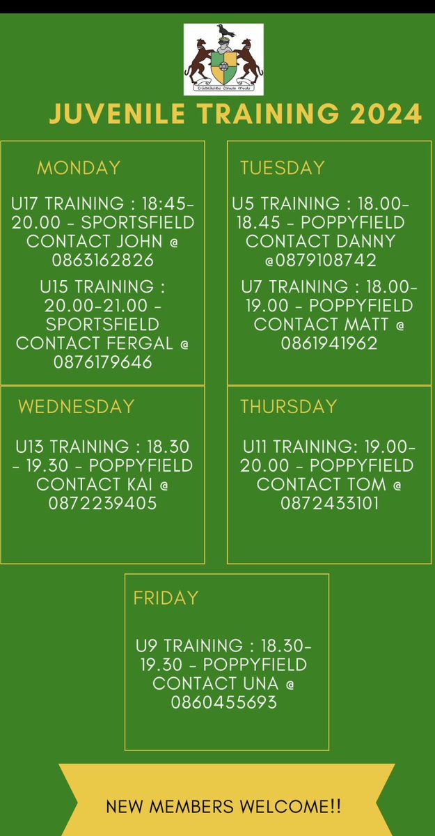 CommercialsGAA's tweet photo. Juvenile training times for 2024 have been confirmed. Check out info below ⬇️ 
New members are always welcome 🟢🟡
Reminder that all players must join our clubzap , join their team chat and pay membership for 2024. Instructions here : 
https://t.co/sHf2wLgaO3 https://t.co/NaJ0IC014t