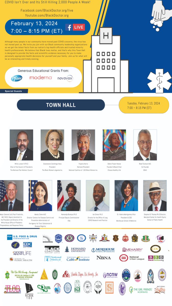 BCAC invites you to a special and timely national Covid-19 Town Hall tomorrow, February 13, 2024, 7pm-8:15pm (EST). Access it by logging on to : Facebook.com/BlackDoctor.or… Youtube.com/BlackDoctor.org #BlackHealth #BCAC #ThisIsntOver #TuneInTomorrow