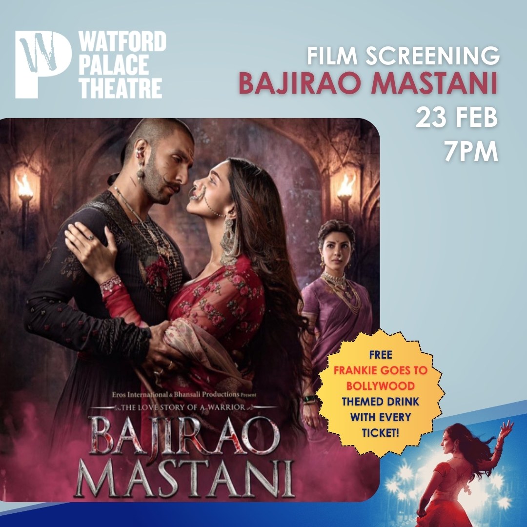 Rifco Theatre Company and @watfordpalace present a screening of sweeping Bollywood epic, Bajirao Mastani ⚔️ Each ticket includes a FREE drink inspired by our upcoming musical Frankie Goes To Bollywood 🥂 📆 23 Feb, 7pm 🎟Learn more and tickets: watfordpalacetheatre.co.uk/events/bajirao…