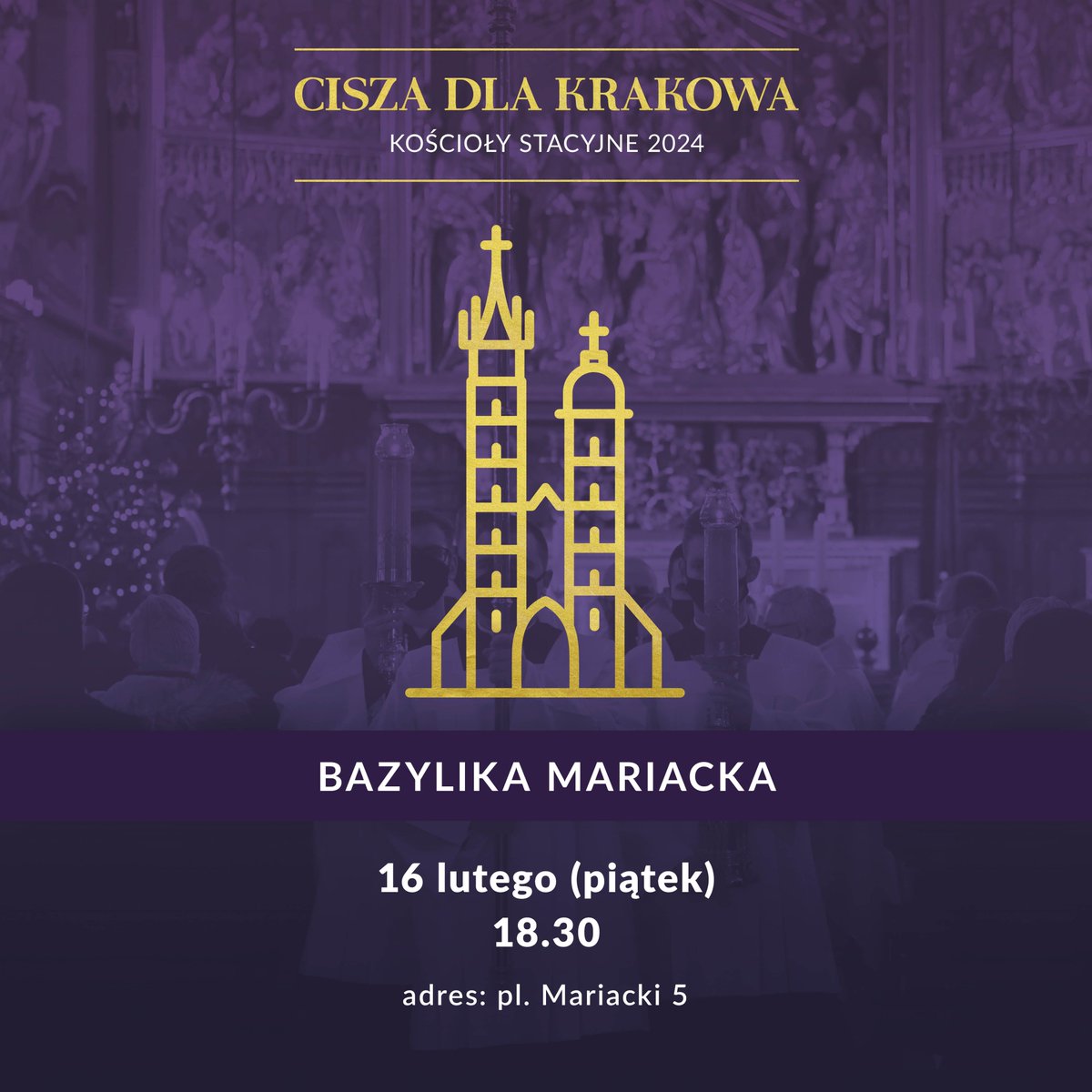 W piątek w ramach wielkopostnej Liturgii Kościołów Stacyjnych w <a href="/ArchKrakowska/">Archidiecezja Krakowska</a> mszę świętą o godzinie 18:30 będzie sprawował ks. bp Robert Chrząszcz. Po Mszy św. odbędzie się adoracja w ciszy. Zapraszamy do licznego udziału w tym nabożeństwie. 
#CiszadlaKrakowa
