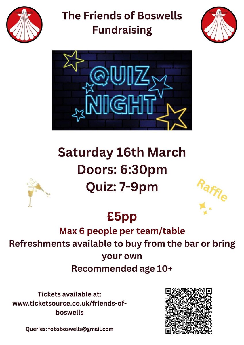 JOIN US FOR THE FOBS QUIZ!

Come along with your team to raise money for the Friends of Boswells! Tickets can be sourced at: ticketsource.co.uk/friends-of-bos… 

FOBS are also looking for donations for raffle prizes, email fobsboswells@gmail.com if you have anything!
