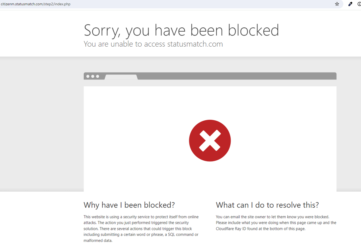 mark_copeman's tweet photo. @citizenM hey - trying to register for the status match promotion and I'm getting to stage 3 and cloudflare throws up this error ... can you help? https://t.co/Sqxvu0rSB1