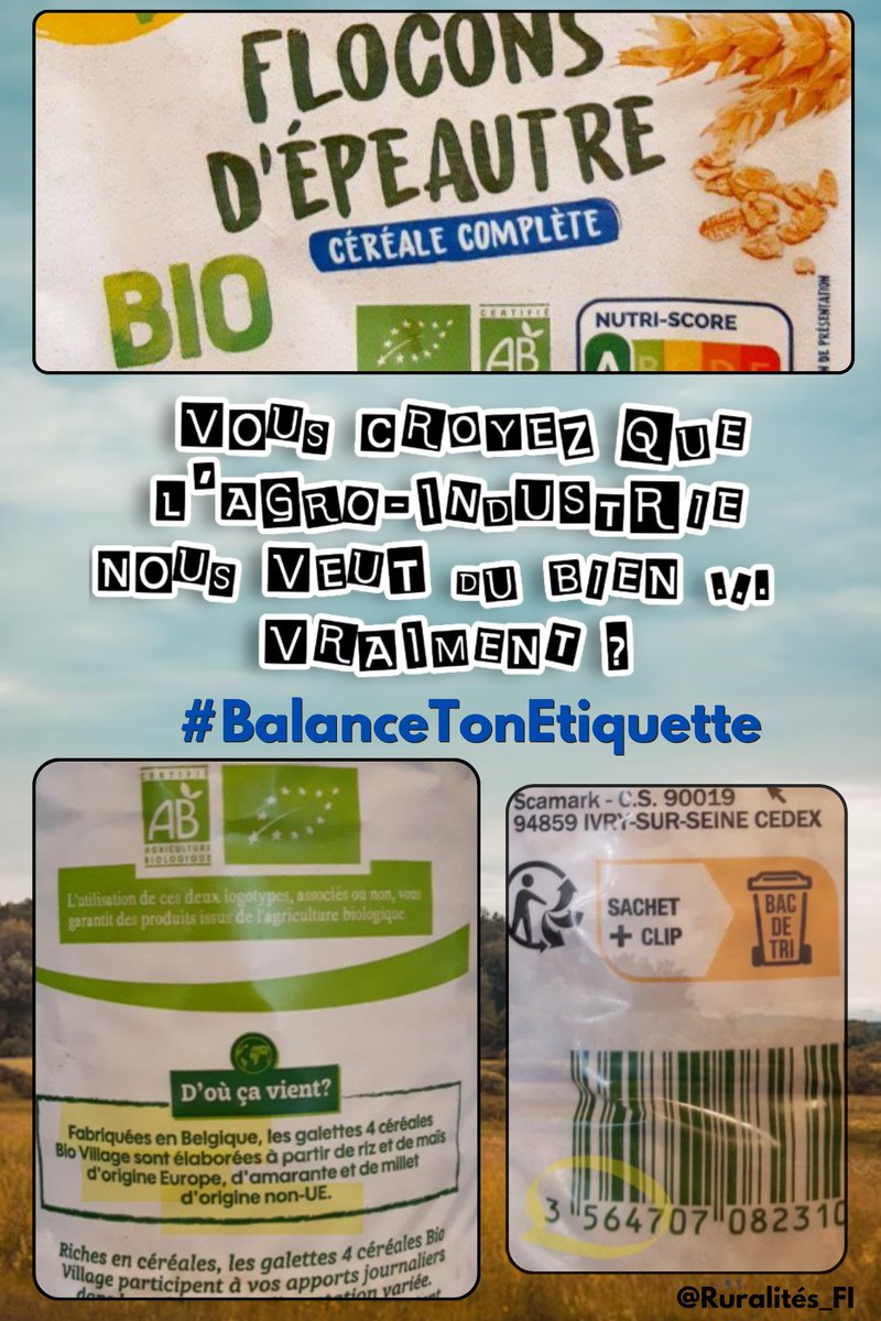 #BalanceTonEtiquette
#revenupaysan impossible tant que les produits estampillés 🇫🇷  seront réalisés avec des ingrédients du bout du monde. Indice carbone déplorable et usage de pesticides !
Ces traficotages engraissent les agro-industriels, polluent et minent notre agriculture.