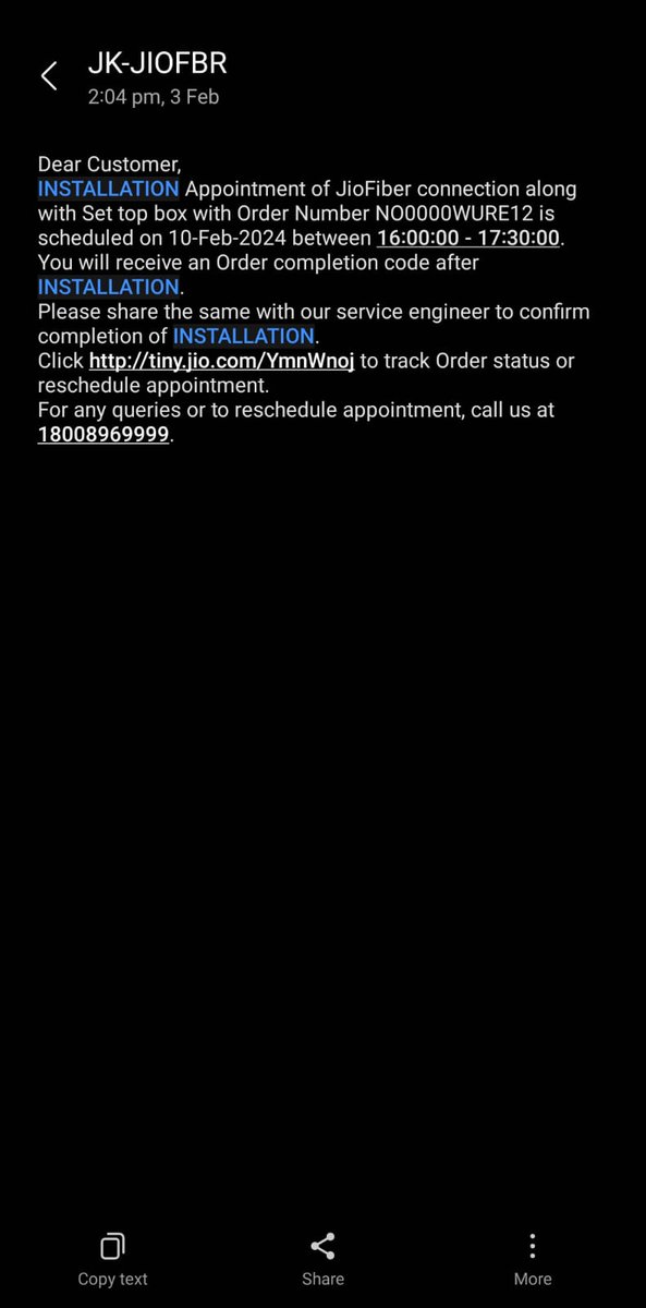 emanurag's tweet photo. Unacceptable delay @JioCare 
Connection request &amp; payment done on Feb 3 for #JioFiber but installation keeps getting rescheduled

Initial slot Feb 10th rescheduled to Feb 12th 10AM; changed again to 5PM
Now put on hold without any1 visiting #DisappointedCustomer @jagograhakjago https://t.co/C7bchNfQuB