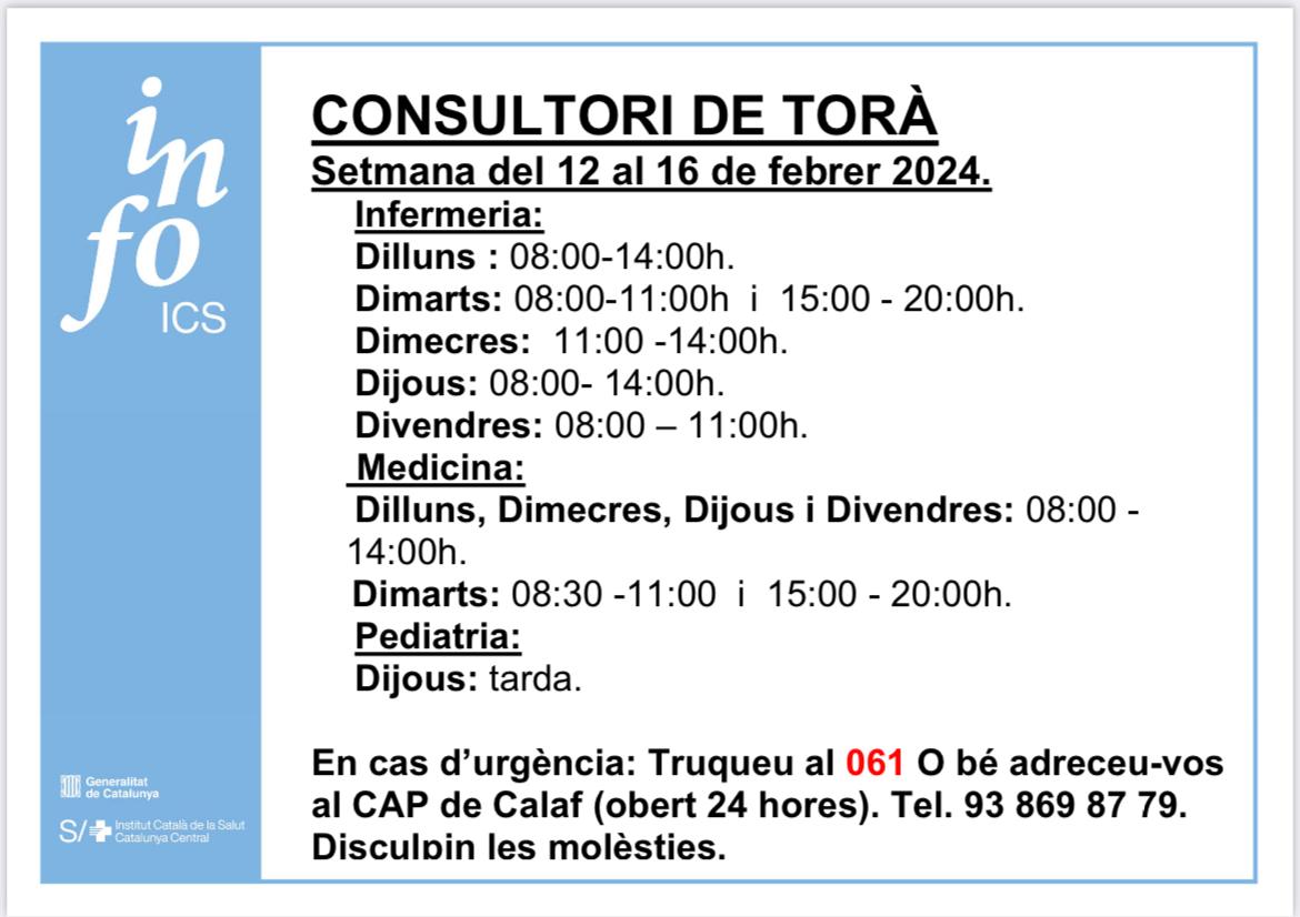 📢 Horari del consultori mèdic del 12 al 16 de febrer.