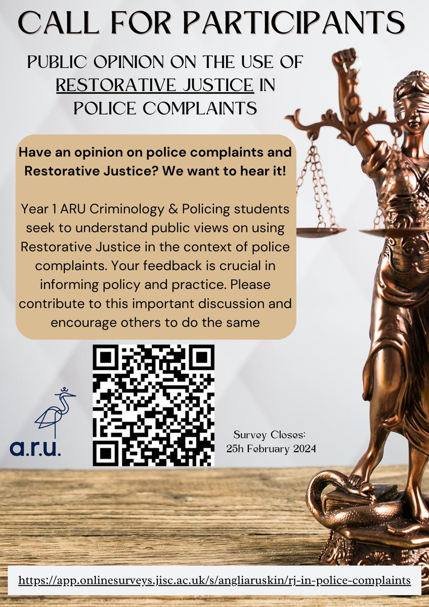 Year 1 ARU Criminology &amp; Policing students seek to understand public views on using Restorative Justice in the context of police complaints. Please contribute and share. #Criminology #RestorativeJustice app.onlinesurveys.jisc.ac.uk/s/angliaruskin…