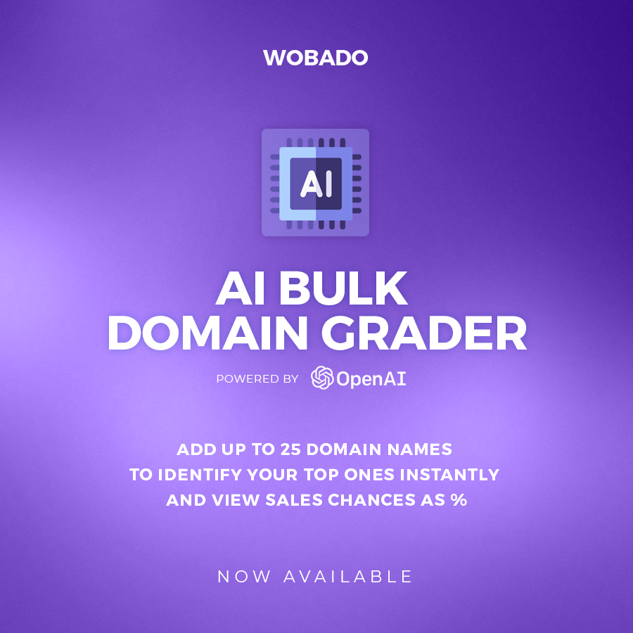 Introducing our new AI Bulk Domain Grader Tool 🚀 Add up to 25 domains for instant rankings from #1 to #25. Discover the most valuable domains with the highest sales potential in % now! Get valuable insights instantly. Check it out! #DomainGrader #AI #Domain #Wobado