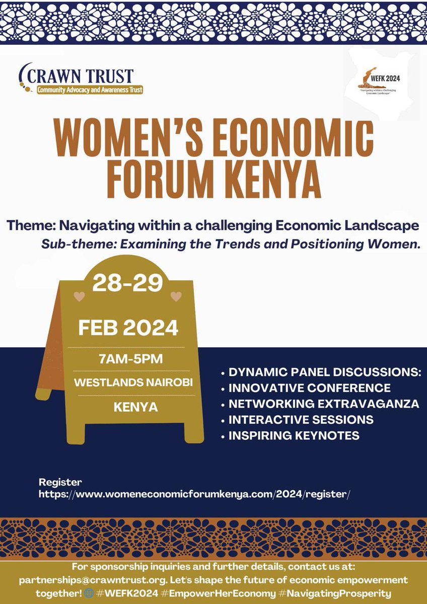 crawntrustkenya's tweet photo. ARE YOU REEAAADYYYYYYYYY 🥳🥳🥳🥳🥳

Get ready to soar at the Fourth Edition of Women's Economic Forum 2024! On February 28th &amp; 29th, 2024, brace yourself for an electrifying journey through the theme: Navigating a Challenging Economic Landscape!

#WEFK2024 https://t.co/p4ydZUZjz2
