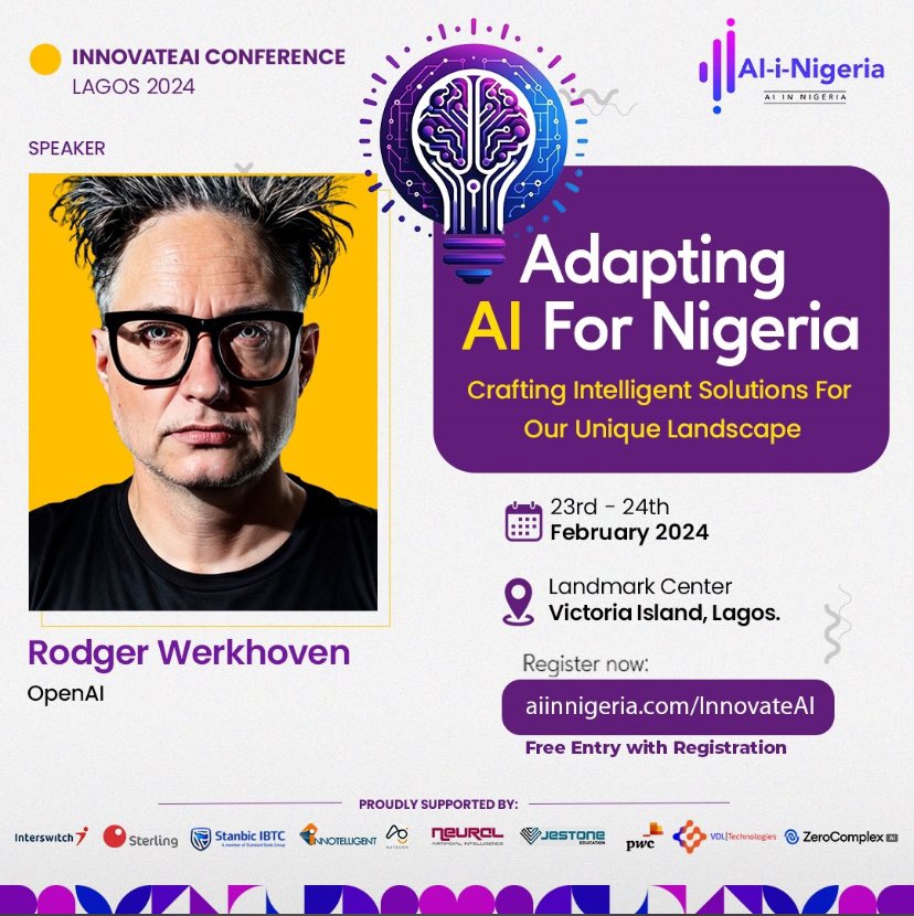 An event you should not miss👍

Register Here : 
aiinnigeria.com/ai-conference/

#InnovateAI2024 #AIInnovation #TechLeadership #FutureTech #LagosTechEvent #AIFutureNigeria #DigitalTransformation #BusinessInnovation #AIinNigeria #InclusiveAI #dsnai