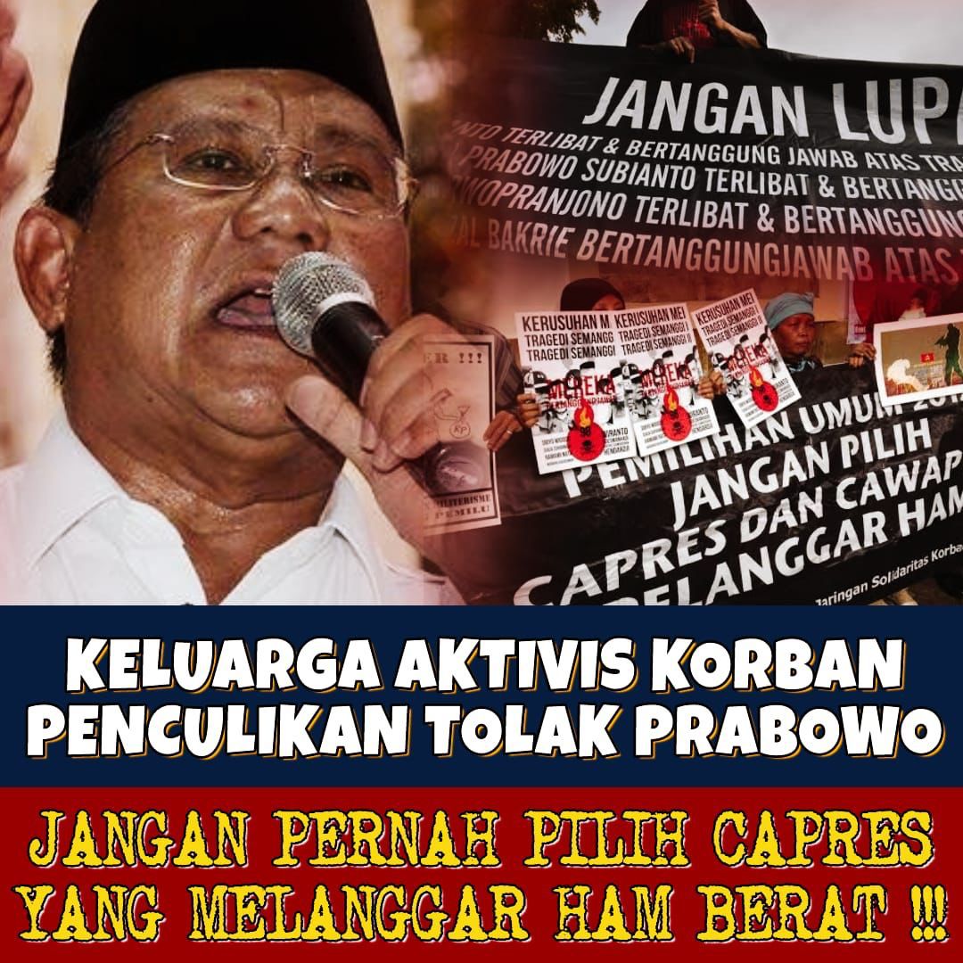 Jangan Pilih Pelanggar HAM Berat
#PelanggaranPemilu #PrabowoGibranCurang #Pilpres2024 #DinastiPolitik #TolakDinastiPolitik #PelanggaranHAM #AsalBukanPrabowo #AsalBukan02