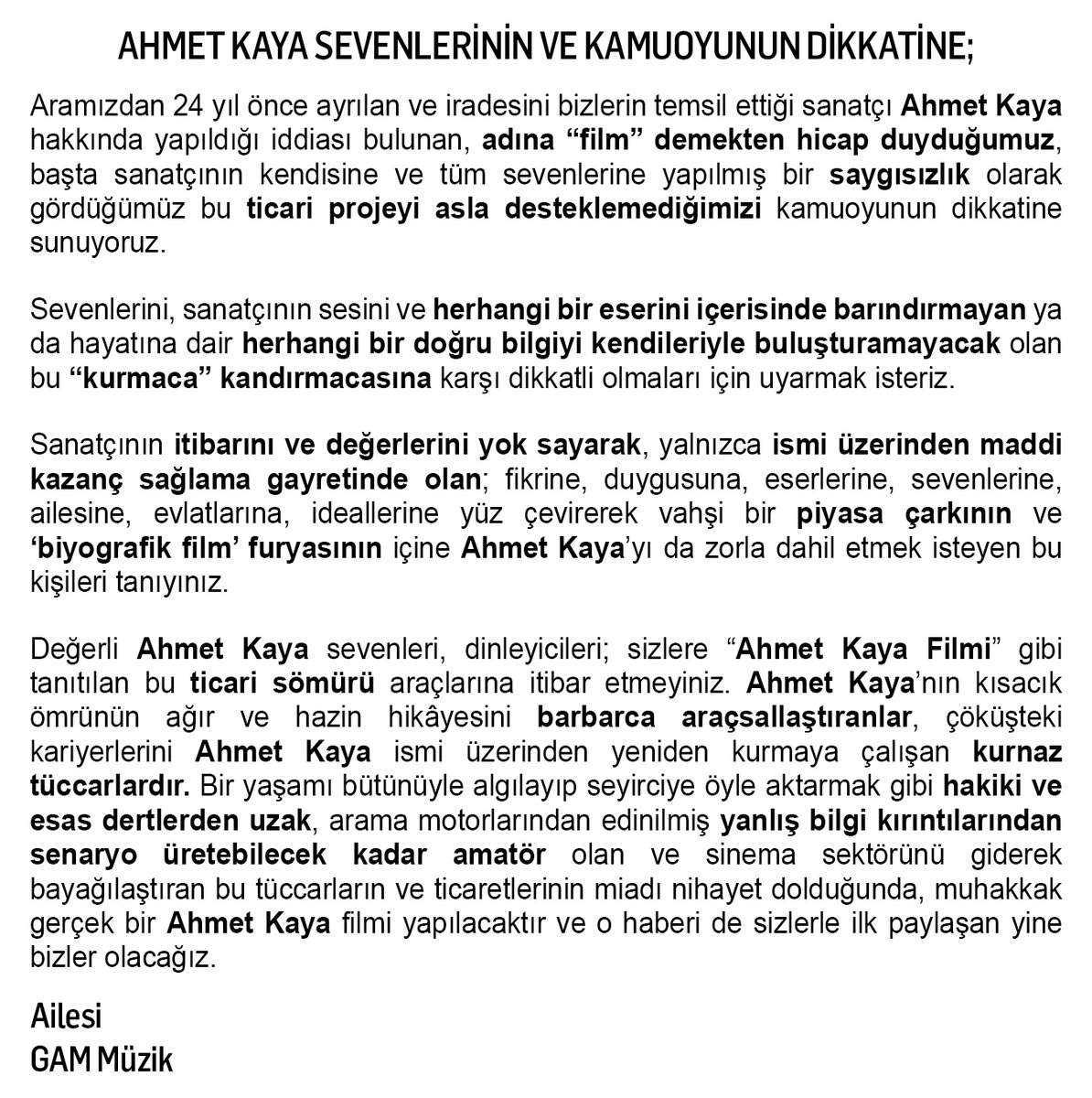 Ahmet Kaya Sevenlerinin Ve Kamuoyunun Dikkatine;