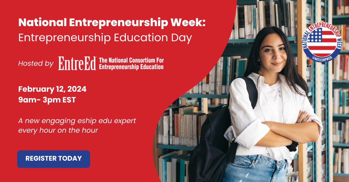 Today kicks off #NatlEshipWeek's formal 2024 programming! 

Join <a href="/entretalk/">EntreEd</a> as they host Entrepreneurship Education Day - featuring a new engaging #eshipedu expert every hour on the hour from 9am-3pm EST. 🚀

💻 Register now: us06web.zoom.us/meeting/regist…