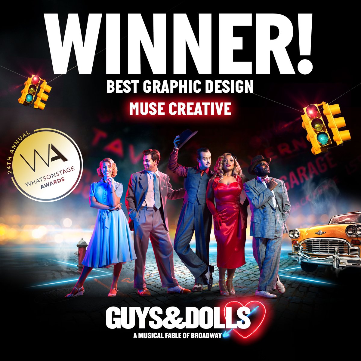 We're extremely proud to have won Best Graphic Design at the WOS awards 2024 for our Guys & Dolls key art @_bridgetheatre . Thanks to @mrperou for the wonderful photography and huge congrats to @_bridgetheatre  for winning Best Musical Revival & Best Set Design by Bunny Christie