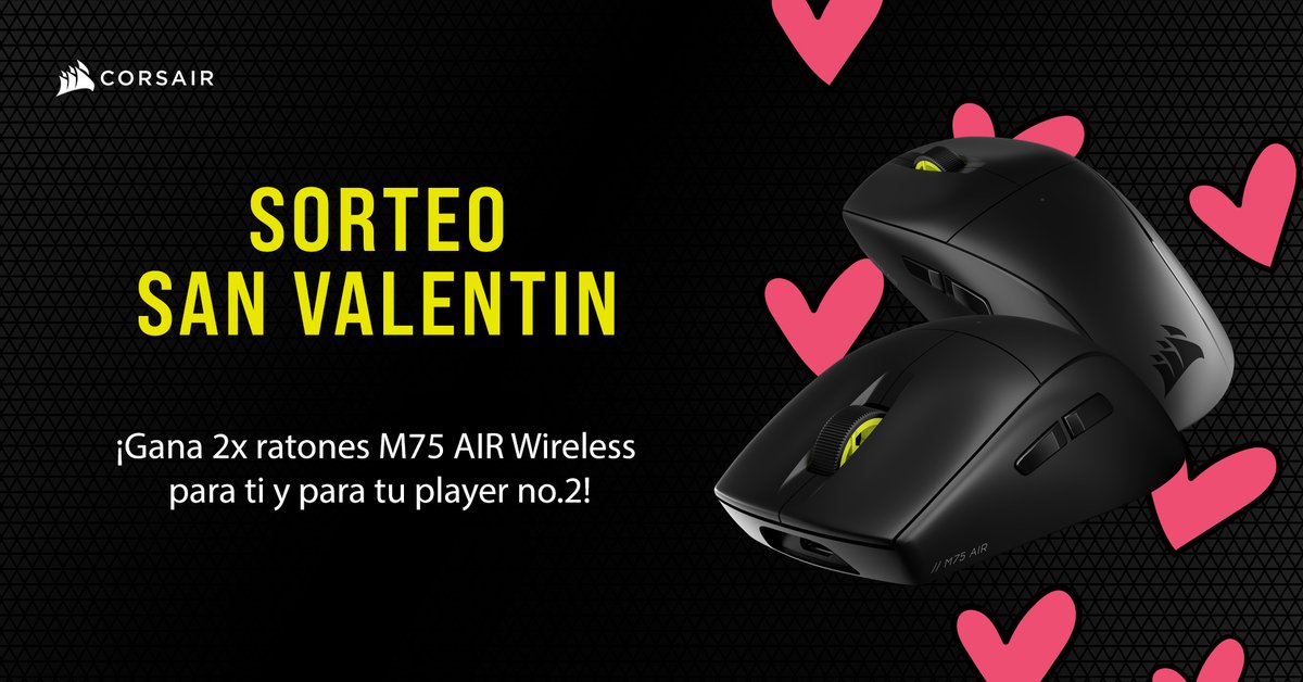 SORTEO San Valentin de dos flamantes M75 AIR Wireless 🖱️💕 

1. Sigue a <a href="/CorsairSpain/">Corsair España</a> 
2. Fav y RT esta publicación
3. Menciona a tu Player.2

⏱️ Finaliza el viernes 16 a las 16:00