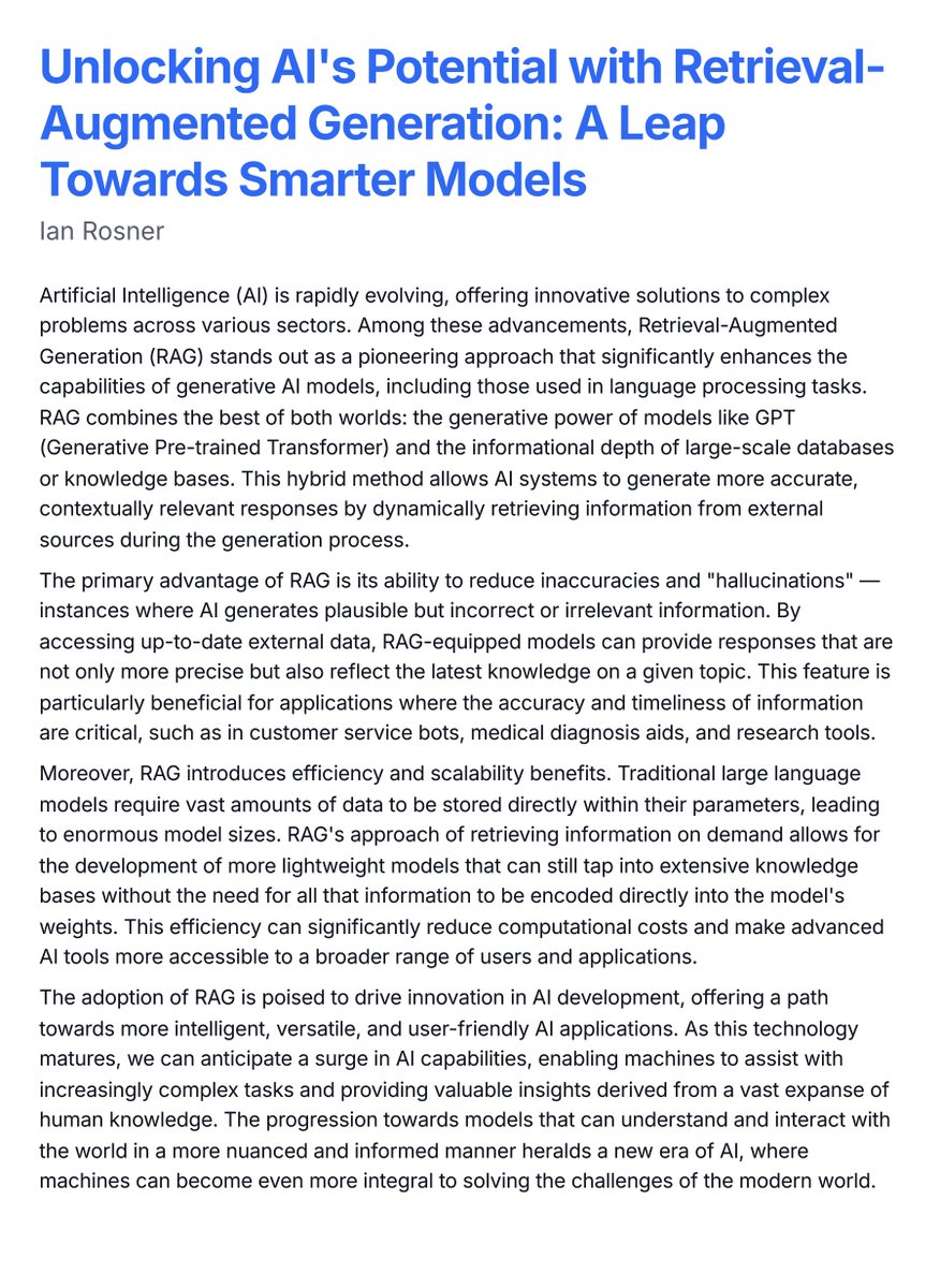 ianrosner's tweet photo. Unlocking AI's Potential with Retrieval-Augmented Generation: A Leap Towards Smarter Models https://t.co/FNaQ74cWEn