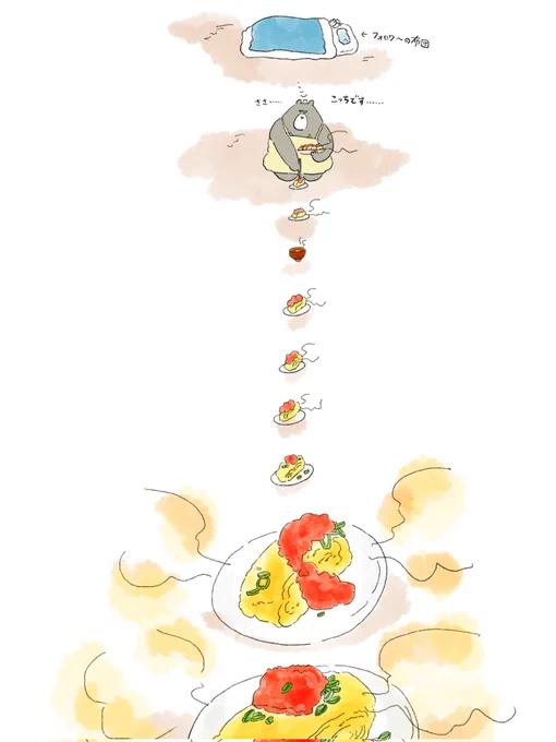 これを見た人の布団まで、明太だし巻き卵で誘導する絵 