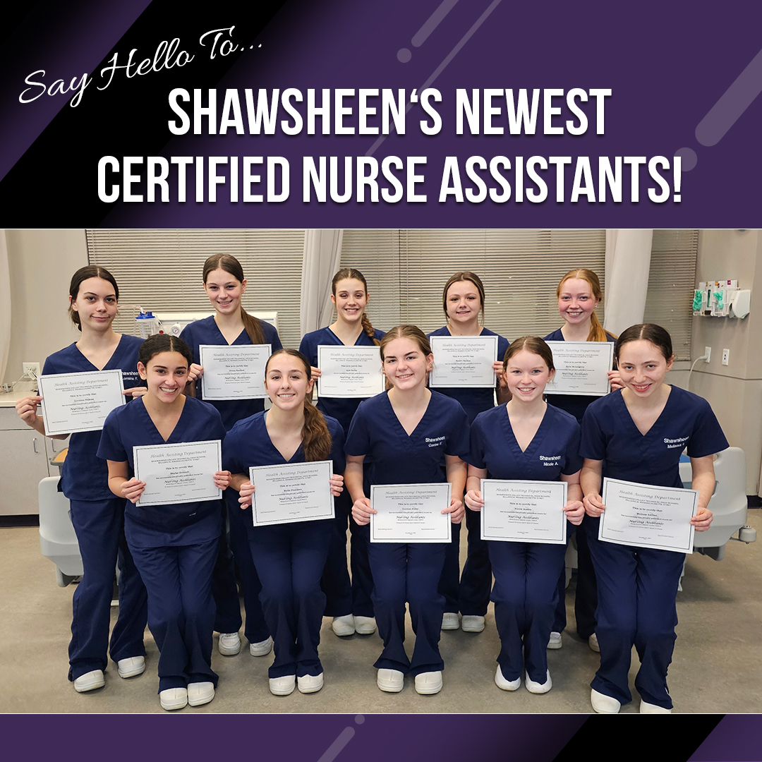 shawtech_hs's tweet photo. Say hello to Shawsheen's newest #CNA's. Eleven #HealthAssisting juniors are now #Certified #NurseAssistants! Congratulations! #WeAreShawsheen #ShawTechCTE #ShawsheenSkills https://t.co/qjCIpH2t7G