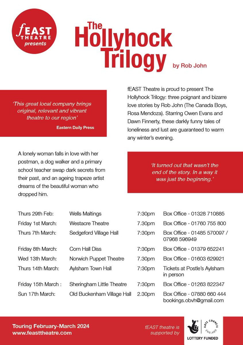 fEasttheatre's tweet photo. Touring 29th Feb - 17th March
The Hollyhock Trilogy  by Rob John 
Three poignant and bizarre love stories.
Check out our what’s on page for dates! 

 https://t.co/f29ZXLI798

#feasttheatre #love #hollyhocks #ruraltouring #newwriting #regionaltheatre https://t.co/IxYpGSZ5tH