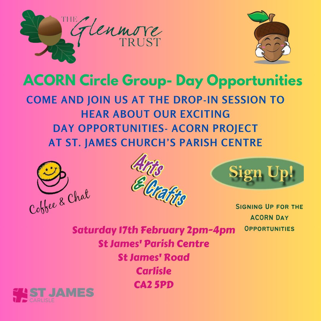 🌳💚😀 Come along on Saturday 17th February 2024 and join us at the drop in session between 2-4pm @ St James Carlisle parish centre, learn more about our exciting new Day Opportunities and sign up to be a part of the fun 😀💚🌳
#dayopportunities #acorncirclegroup <a href="/StJamesCarlisle/">St James' Carlisle</a>