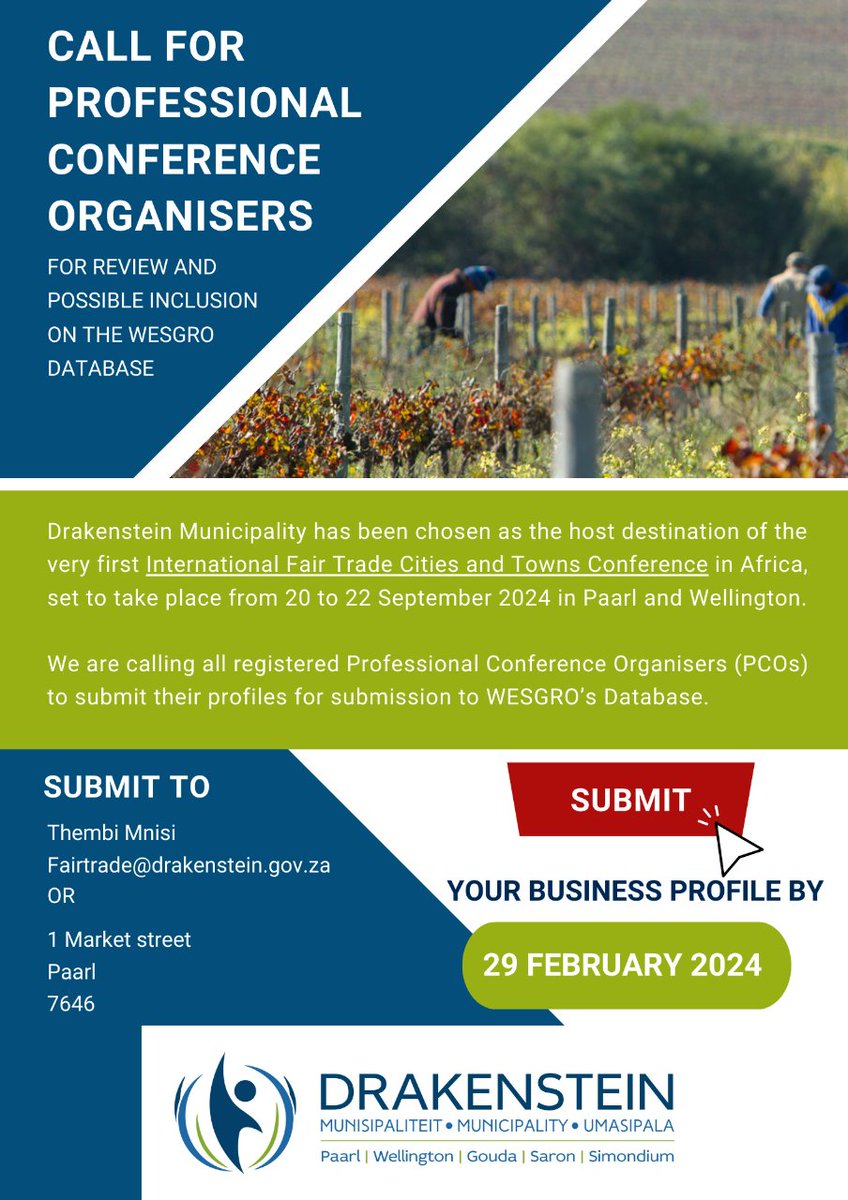 WftoE's tweet image. OPPORTUNITY ALERT!!! 🌍✨ Calling all Professional Conference Organizers in South Africa! 🇿🇦✨ See details in poster below↘️
 #FairTradeConference #SouthAfricaEvents #EventManagement #FairTradeCities
