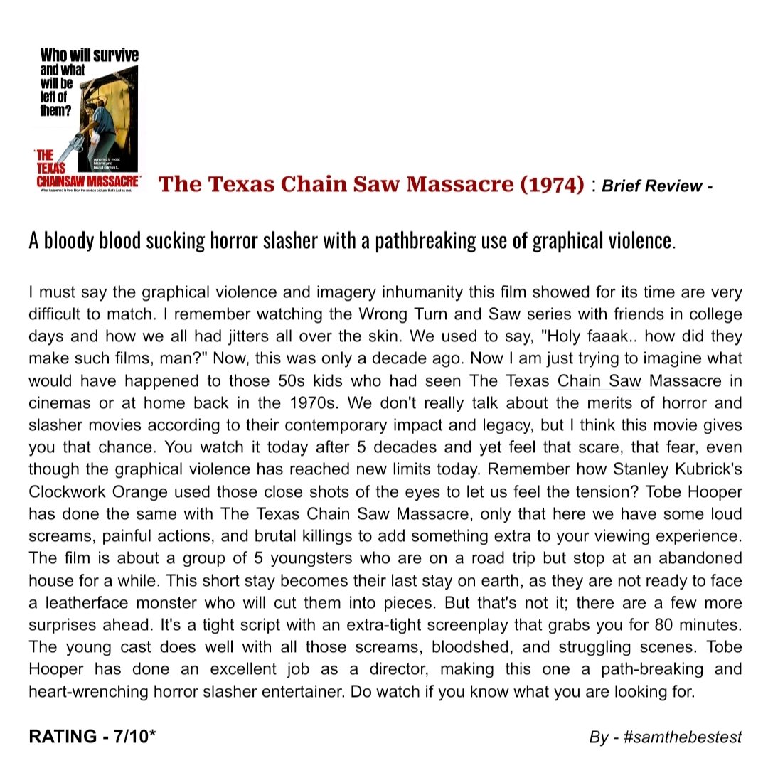 SAMTHEBESTEST_'s tweet photo. Watched #TheTexasChainSawMassacre (1974) :
A bloody blood sucking horror slasher with a pathbreaking use of graphical violence.
RATING - 7/10*
#TobeHooper #MarilynBurns #PaulAPartain #EdwinNeal #JimSiedow #GunnarHansen #WilliamVail #TeriMcMinn #JohnDugan #MovieReview https://t.co/5wBOkMVOin