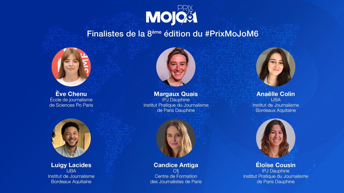 #Concours Pour cette 8ème édition du #PrixMoJoM6, les 6 finalistes sont @EveChenu_ (Sciences Po), @MargauxQuais (IPJ), @anaelle_cln (IJBA), @luigy_lacides (IJBA), @candice_atg (CFJ), et @eloisecxusin (IPJ). Bravo à eux et rendez-vous le 22 mars pour connaître le résultat !