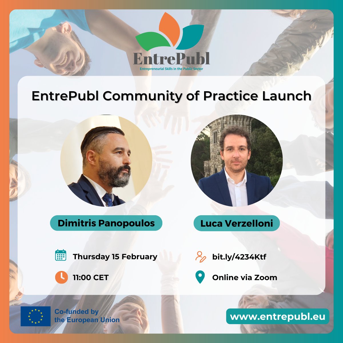 Don't miss out! Join us this Thursday for the EntrePubl project's Community of Practice launch.🚀 ⭐️Dimitris Panopoulos and Luca Verzelloni will be sharing their expertise with us during the event! 📆 Feb 15 🕚 11:00 AM (CET) 📍 Online via Zoom 📝👉 bit.ly/4234Ktf