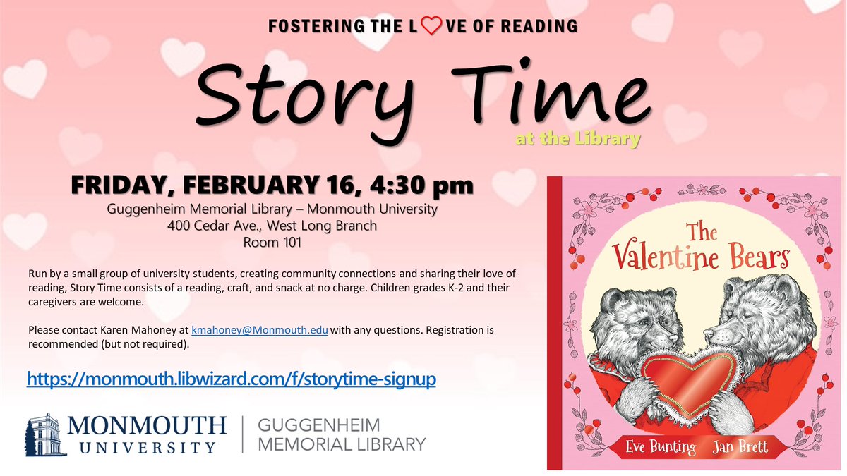 MonmouthLibrary's tweet photo. Register for Story Time - Friday, February 16 at 4:30PM in Library 101. Sign up and more info at https://t.co/Bf6dzCCUYu #HawksRead @monmouthu https://t.co/xVmjPCp6tT