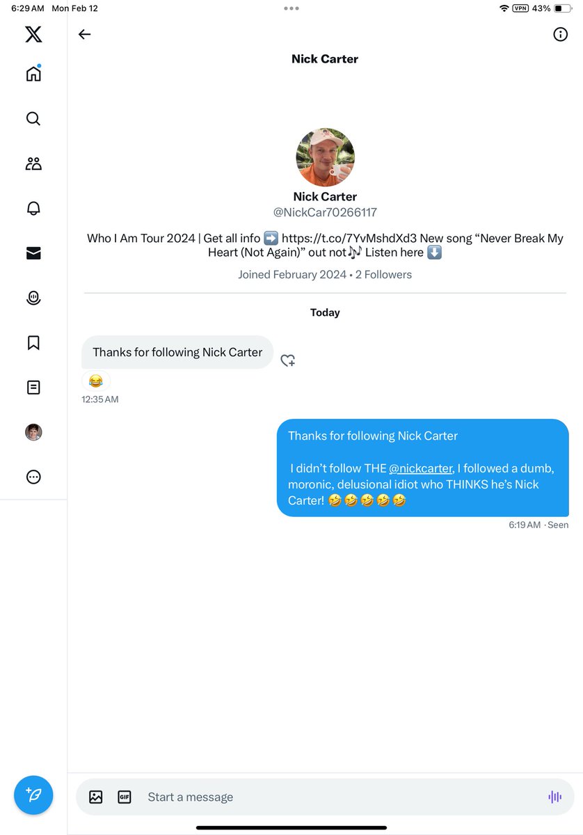 Jonsfriend4ever's tweet photo. @NickCar70266117 is trying to convince me that heโs THE @nickcarter by talking to me in the first person style! ๐คฃ๐คฃ๐คฃ๐คฃ #notnick, #staymediadsafein2024 https://t.co/zEewXsq04B