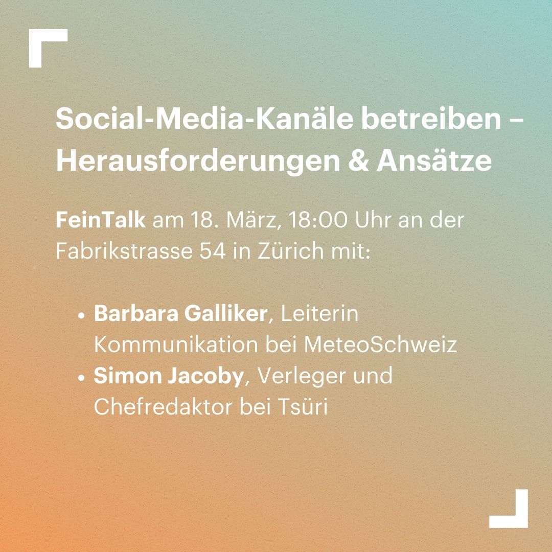 Feinheit (@feinheit) on Twitter photo Social-Media-Kanäle zwingen zum Umdenken. Um sie betreiben zu können, braucht es Ressourcen und Know-How. Am Montag, 18. März, diskutieren wir am #FeinTalk mit <a href="/meteoschweiz/">MeteoSchweiz</a> und @Tsueri_ch über Ansätze im Umgang mit #SocialMedia. 🙌🏼 Jetzt anmelden 👉🏽 bit.ly/3wkI2B0 Social-Media-Kanäle zwingen zum Umdenken. Um sie betreiben zu können, braucht es Ressourcen und Know-How. Am Montag, 18. März, diskutieren wir am #FeinTalk mit <a href="/meteoschweiz/">MeteoSchweiz</a> und @Tsueri_ch über Ansätze im Umgang mit #SocialMedia. 🙌🏼 Jetzt anmelden 👉🏽 bit.ly/3wkI2B0