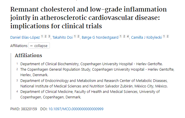 La presente muestra el papel del colesterol remanente elevado y la inflamación de bajo grado, por separado y combinados, en la ASCVD. DOI: 10.1097/MCO.0000000000000999, participación internacional del <a href="/incmnszmx/">INCMNSZ</a> <a href="/drdanielelias/">Daniel Elías, MD/PhD</a>  <a href="/BNordestgaard/">Borge G Nordestgaard</a> <a href="/HerlevGentofte/">HerlevGentofte Hosp.</a> Mange Tak