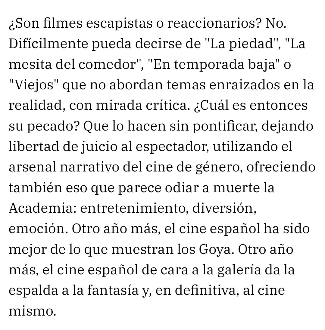 Joder, no puedo estar más de acuerdo con Jesús Palacios en este artículo. Y el exito de La Mesita del comedor en todo el mundo vs el ostracismo al que ha sido relegada en España, como metáfora del estado del cine en nuestro país.

#lamesitadelcomedor
#goya2024
#jesuspalacios