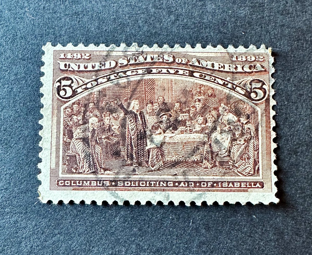 Philatelovely's tweet photo. Good morning and Happy Monday everyone, I hope you all had a lovely weekend!! Today’s Stamp of the Day is this 5 cent stamp from the US.

Issued - 1893
Type - Commemorative 
Print Method - Recess

Please share your stamps from 🇺🇸 and have a super start to the week.
#philately https://t.co/eFyFE1nQS4