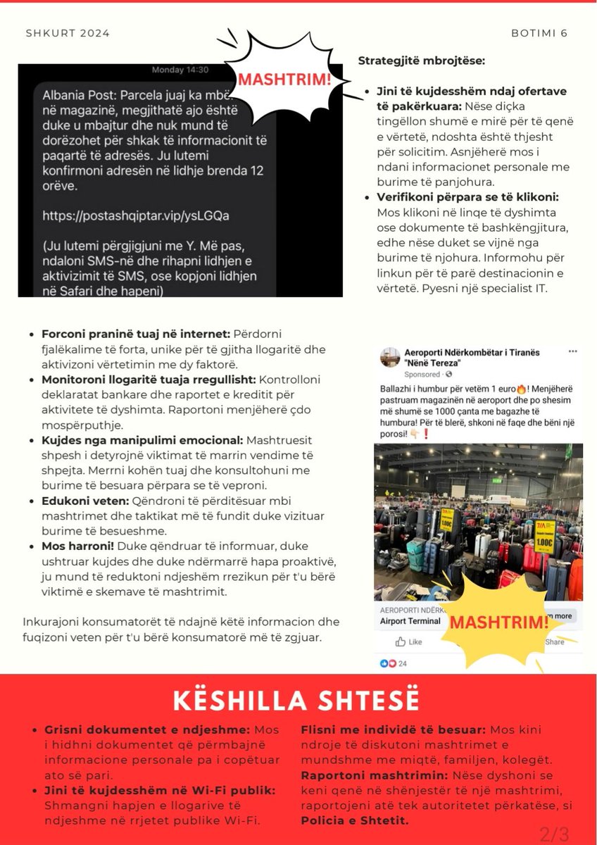 AMKTirane's tweet photo. Informacioni &amp; vigjilenca ju mbron nga skemat e mashtrimit ℹ️💸
Në buletinin tonë të muajit Shkurt 📰 ju tregojmë mbi skemat e zakonshme të mashtrimit dhe strategjitë mbrojtëse 👍 që duhet të ketë parasysh çdo konsumator. https://t.co/SZ84hWNzj6