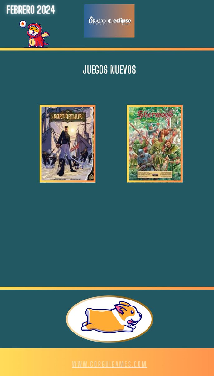 CorguiGames's tweet image. 🚨Las novedades de @DracoIdeas en el mes de febrero:

☑️ Port Arthur

☑️ Sherwood

Más info aquí ⬇️
corguigames.com/novedades-febr…

#Dracoideas #eclipseeditorial #portarthur #sherwood #Novedades #Juegosdemesa #Boardgames #Corguinews #Corguigames