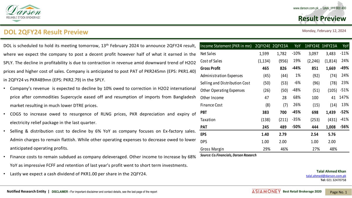 DarsonUpdates's tweet image. DOL 2QFY24 Result Preview!

12 | February | 2024 | Monday
Darson Securities Limited
darson.com.pk

WhatsApp 0300 2444787
UAN: 111-900-400
Email: info@darson.com.pk

#DOL2QFY24 #ResultPreview #DarsonUpdate #UpdateNews #research #darsonresearch #researcher #stockresearch