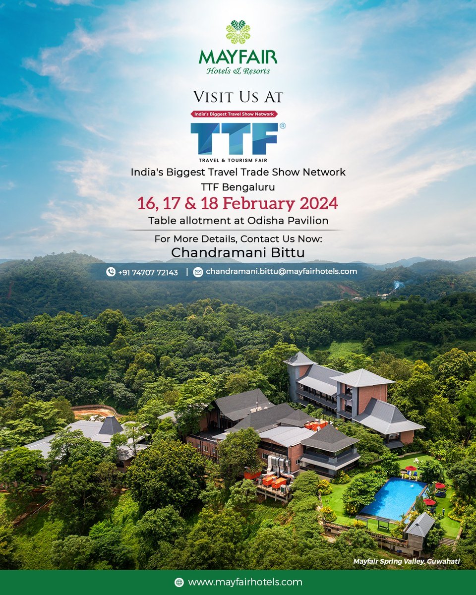We extend a warm invitation to join us from February 16th to February 18th at TTF, Bengaluru. Explore our exquisite properties showcased at our stall in the Odisha Pavilion. Connect with us and become a part of the distinguished Mayfair journey. #Mayfair #MayfairHotelsandResorts
