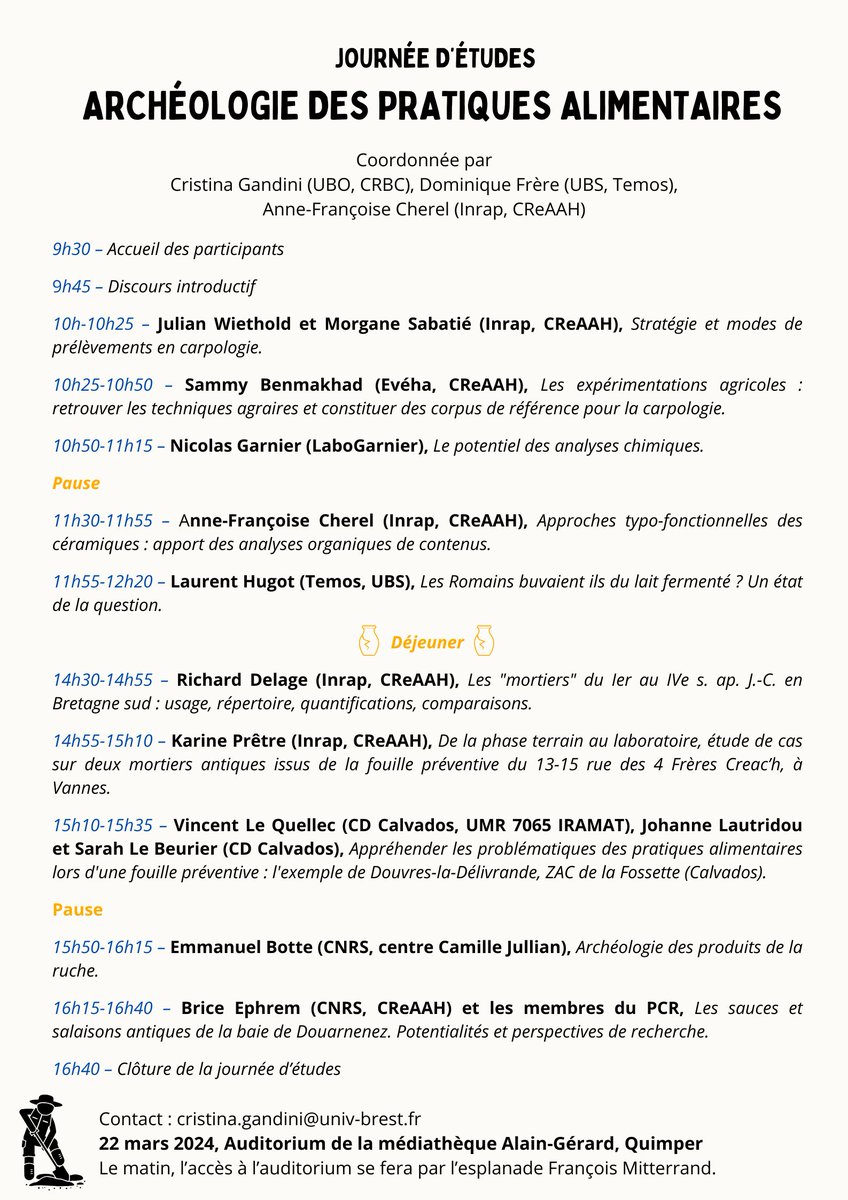 Dr Gandini (@tinagandini) on Twitter photo 📢 22 mars 2024, Quimper
Journée d'études Archéologie des pratiques alimentaires🐷🐟🫕
Un beau programme ! Alors, on espère vous voir nombreux ;)
<a href="/UBO_UnivBrest/">UBO - Univ. Brest</a> <a href="/CRBCBrest/">CRBC</a> @facquimper <a href="/TEMOS_histoire/">Temps, Mondes, Sociétés</a> <a href="/UBS_universite/">UBS_universite</a> <a href="/Inrap/">Inrap</a> <a href="/CReAAH_UMR6566/">CReAAH UMR 6566</a> <a href="/VilledeQuimper/">Ville de Quimper</a> 📢 22 mars 2024, Quimper
Journée d'études Archéologie des pratiques alimentaires🐷🐟🫕
Un beau programme ! Alors, on espère vous voir nombreux ;)
<a href="/UBO_UnivBrest/">UBO - Univ. Brest</a> <a href="/CRBCBrest/">CRBC</a> @facquimper <a href="/TEMOS_histoire/">Temps, Mondes, Sociétés</a> <a href="/UBS_universite/">UBS_universite</a> <a href="/Inrap/">Inrap</a> <a href="/CReAAH_UMR6566/">CReAAH UMR 6566</a> <a href="/VilledeQuimper/">Ville de Quimper</a>