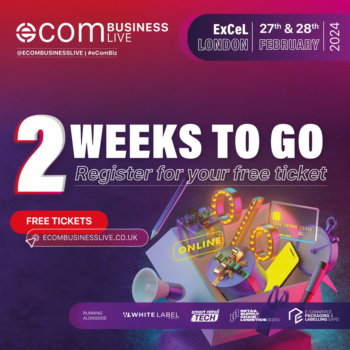 Only 2 weeks left! 

Join us at ExCeL London on the 27th &amp; 28th of February for the leading global event to accelerate your online business sales. 

Secure your FREE tickets now: lnkd.in/eT8HqRQn

See you there !

#eComBiz #2024events #ecommerce #ukbusiness