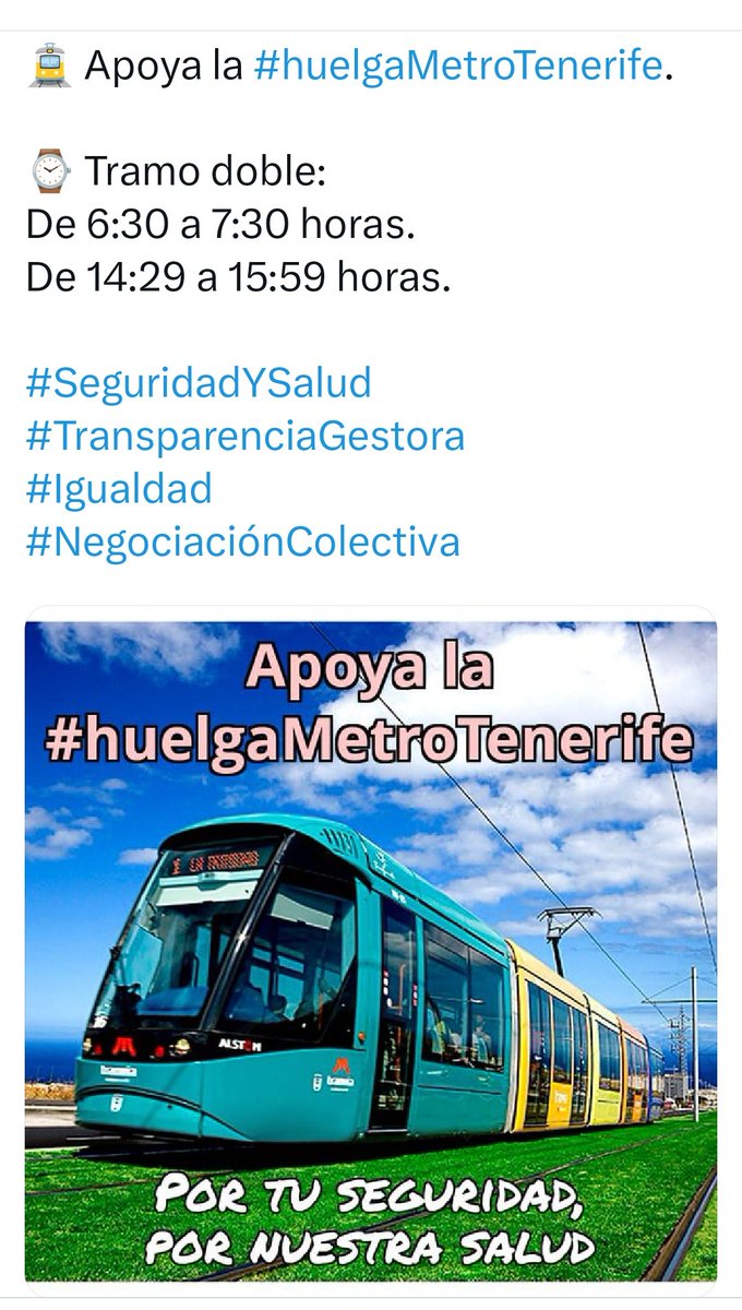 Mdearaal's tweet photo. ¡¡Apoya a las trabajadoras y trabajadores de MetroTenerife (Tranvía)!!
💪💪💪💪💪💪💪💪💪
#HuelgaTranvíaTenerife
#HuelgaMetroTenerife
#Niunpasoatrás https://t.co/aSj1zQg0OU