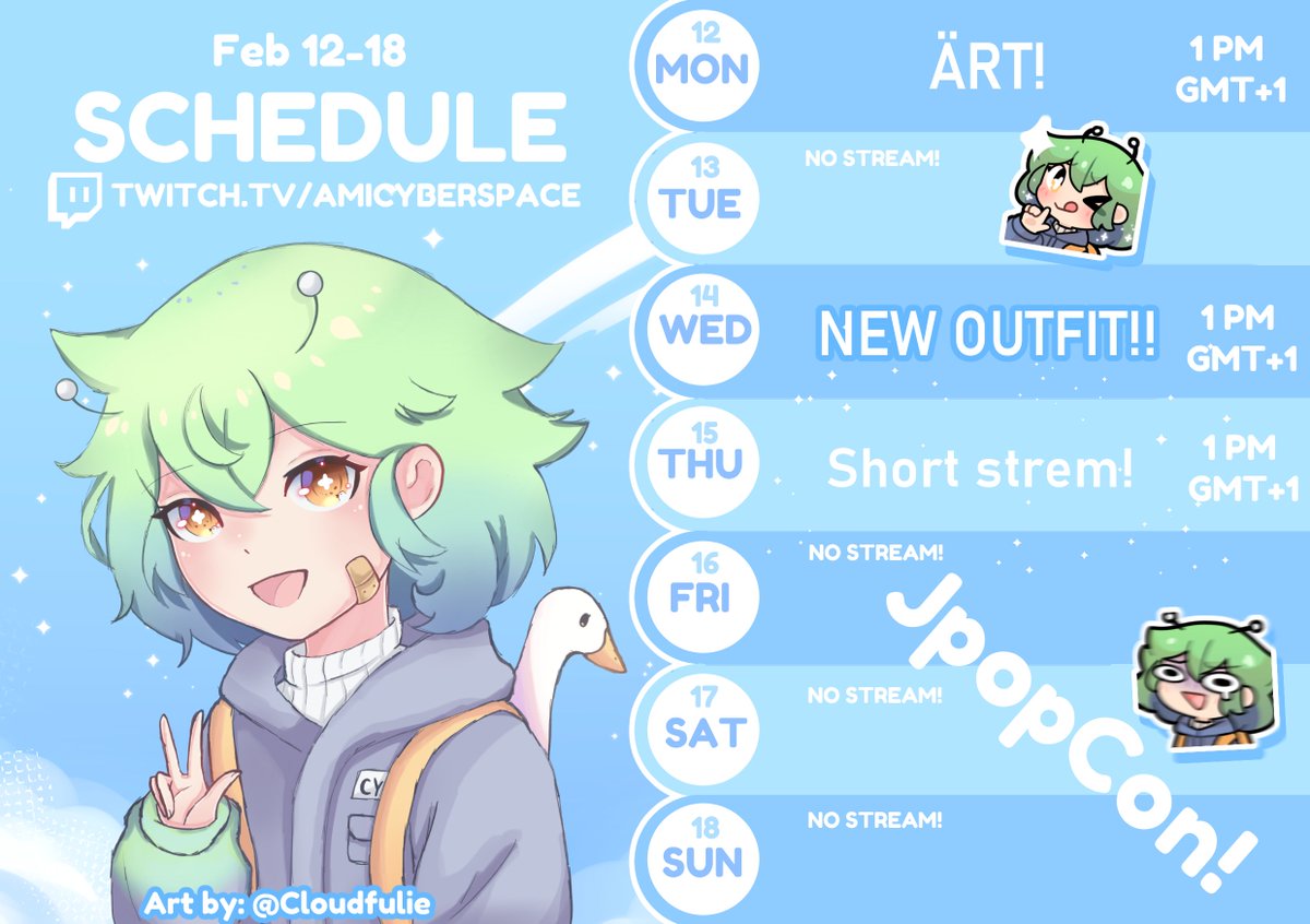 amicyberspace's tweet photo. โจ WEEKLY SCHEDULE! โจ
Shorter streams this week bc of con-prep! Looking forward to show you the new outfit on Wednesday HONK!๐
Art by @Cloudfulie ๐ฉต
#VtubersEN https://t.co/Xiv41uXATF