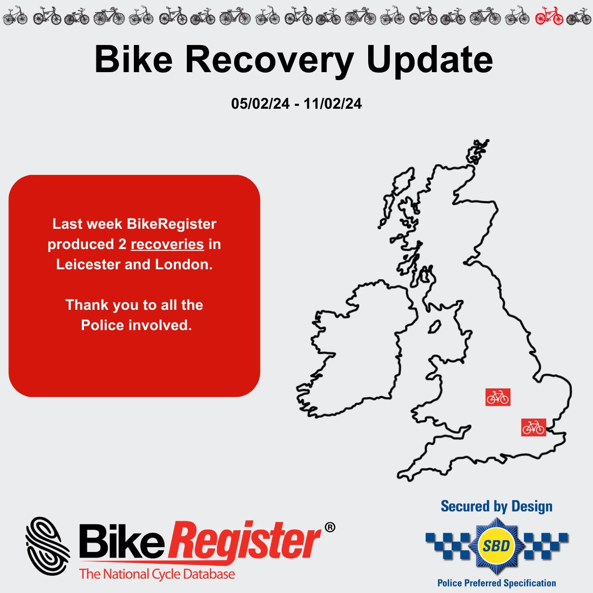 bikeregister's tweet photo. Last week, there was 2 bike recoveries on BikeRegister. As the recoveries keep rolling in, make sure your bike is protected with one of our BikeRegister Security Marking Kits. Find out more: https://t.co/xrraWFR3Ib
#BikeRegister #BikeMarking #CycleCrime #LockItMarkIt #CycleTheft https://t.co/n0yYe3xuNM