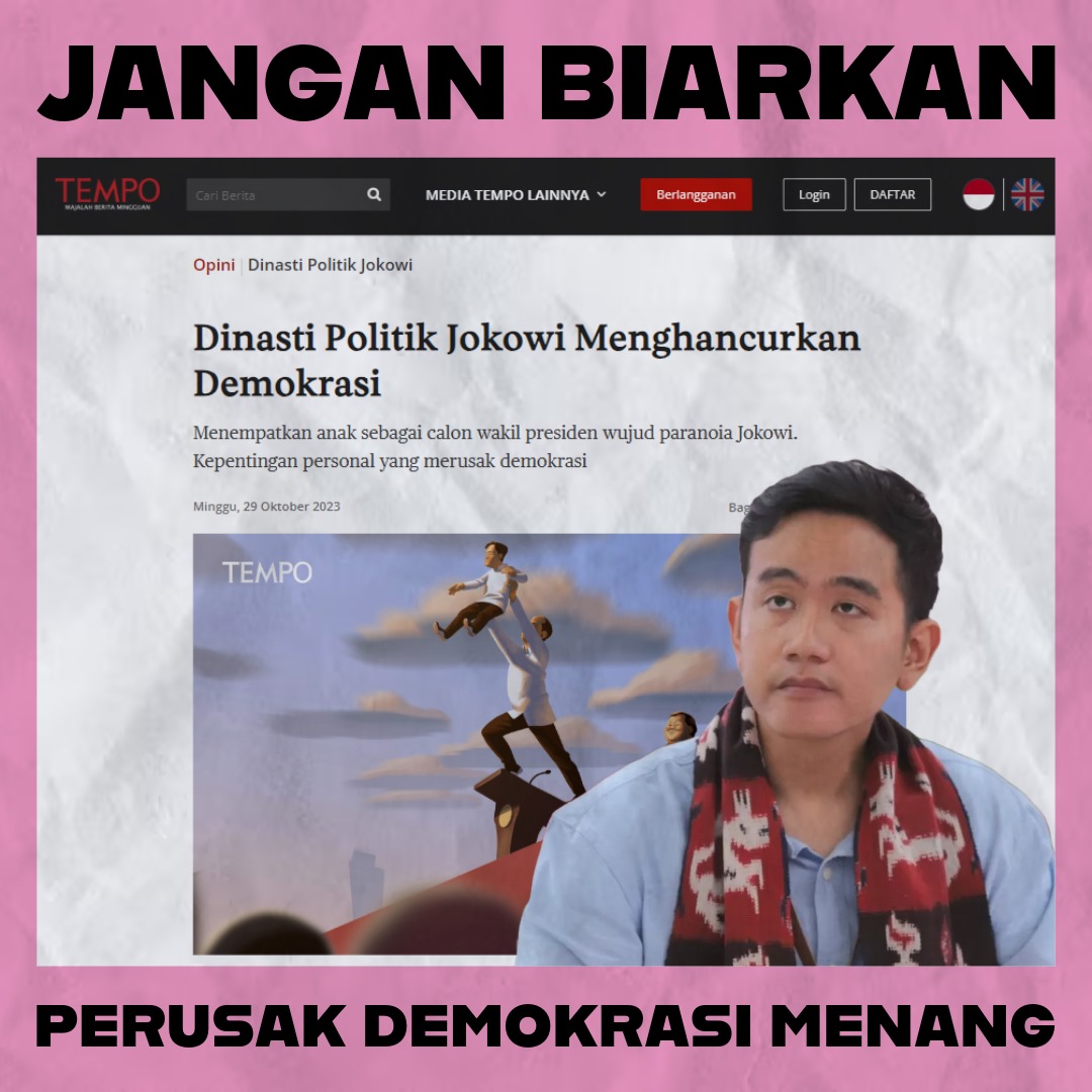 Diangkatnya Gibran jd Cawapres proses mencurangi demokrasi dg mengakali konstitusi untuk sebuah Dinasti Politik. Memalukan kalo rakyat mendukungnya!! Kalahkan kecurangan, masa tenang ini sebar ke keluarga dan teman jangan buat perusak Demokrasi menang.

#AsalBukan02 
Dirty vote